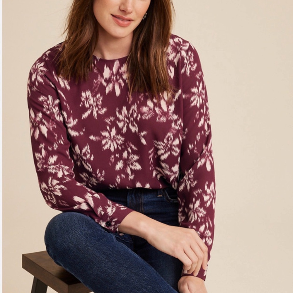 Maurice’s Delton Floral Button Back Blouse Maroon Print Long-Sleeve XL